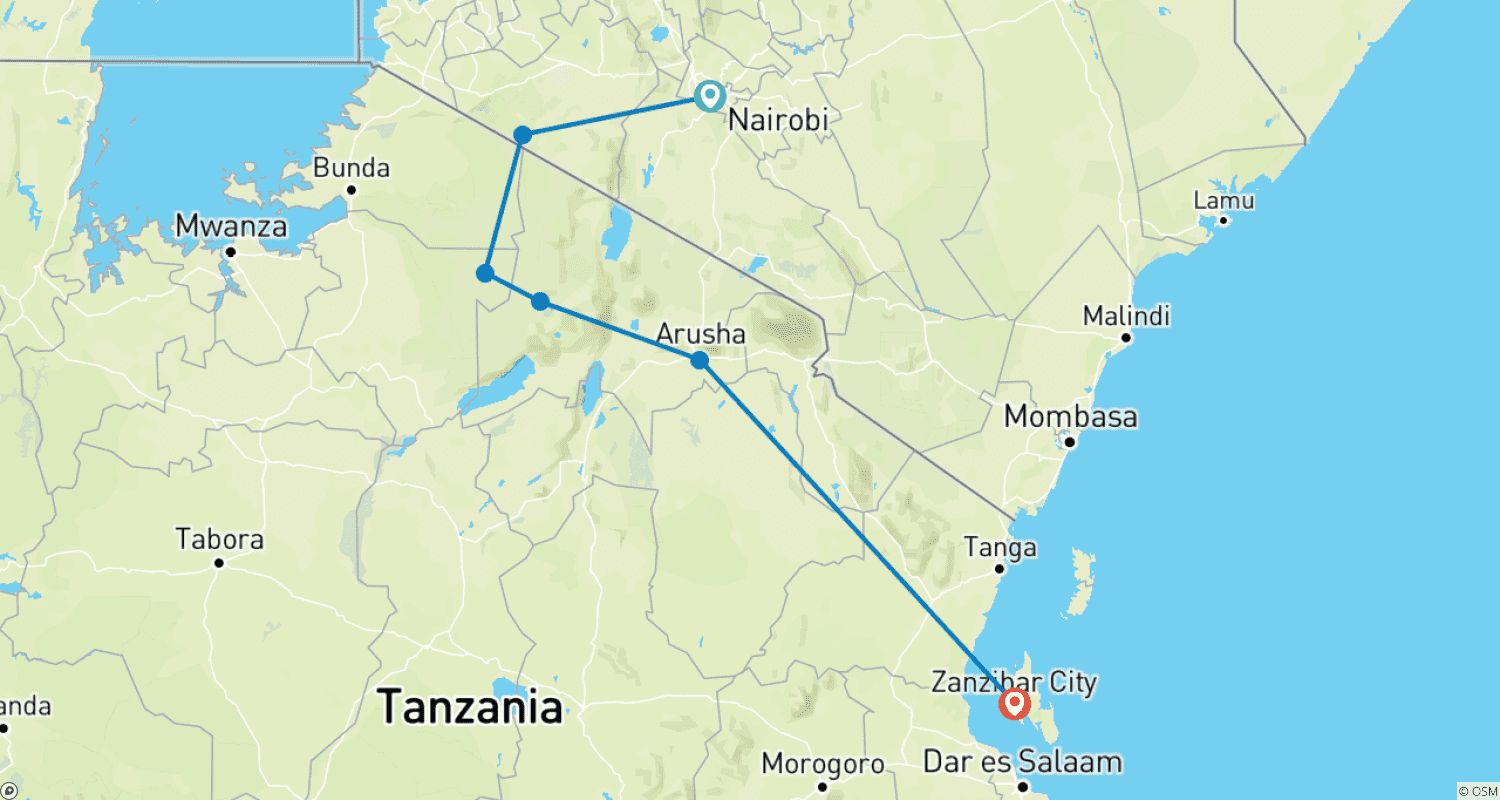 Mapa trasy: Ekspedycja: Safari i Plaża – 12 Dni Kenia, Tanzania i Zanzibar