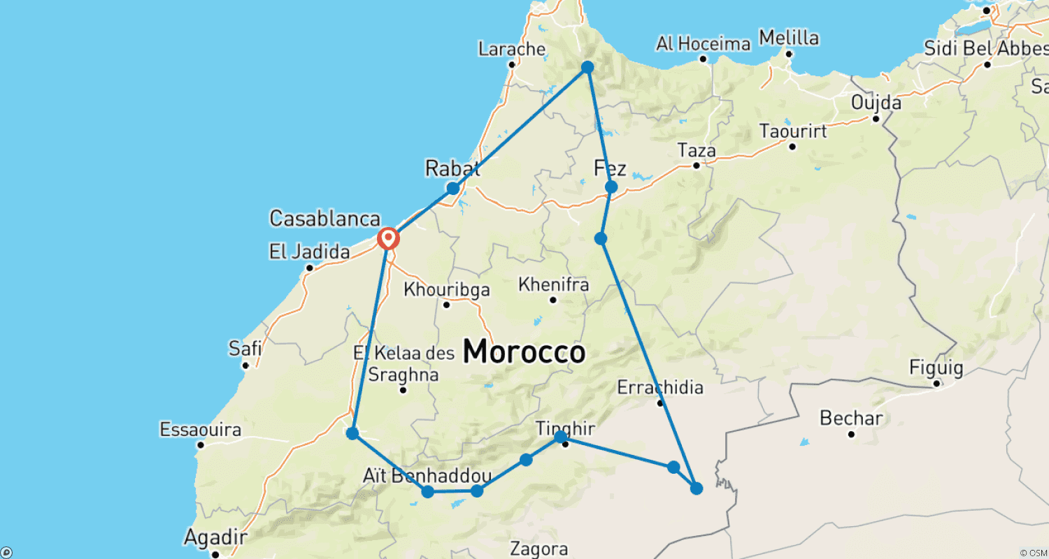 Mapa do percurso de Tour Privado de 7 Dias em Marrocos: Casablanca, Chefchaouen, Fez, Deserto do Saara e Marraquexe