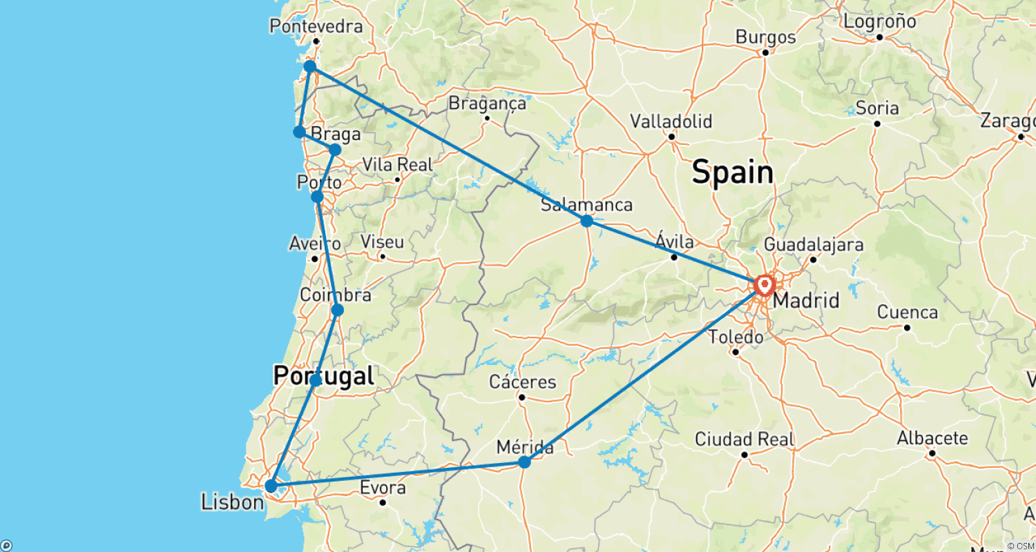 Mapa do percurso de 10 Dias: Madrid, Castela, Galiza e Portugal