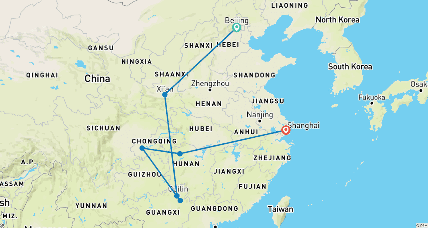 Mapa trasy: 15-dniowa wysokiej jakości wycieczka w małej grupie po Chinach z Chongqing i Zhangjiajie, All Inclusive