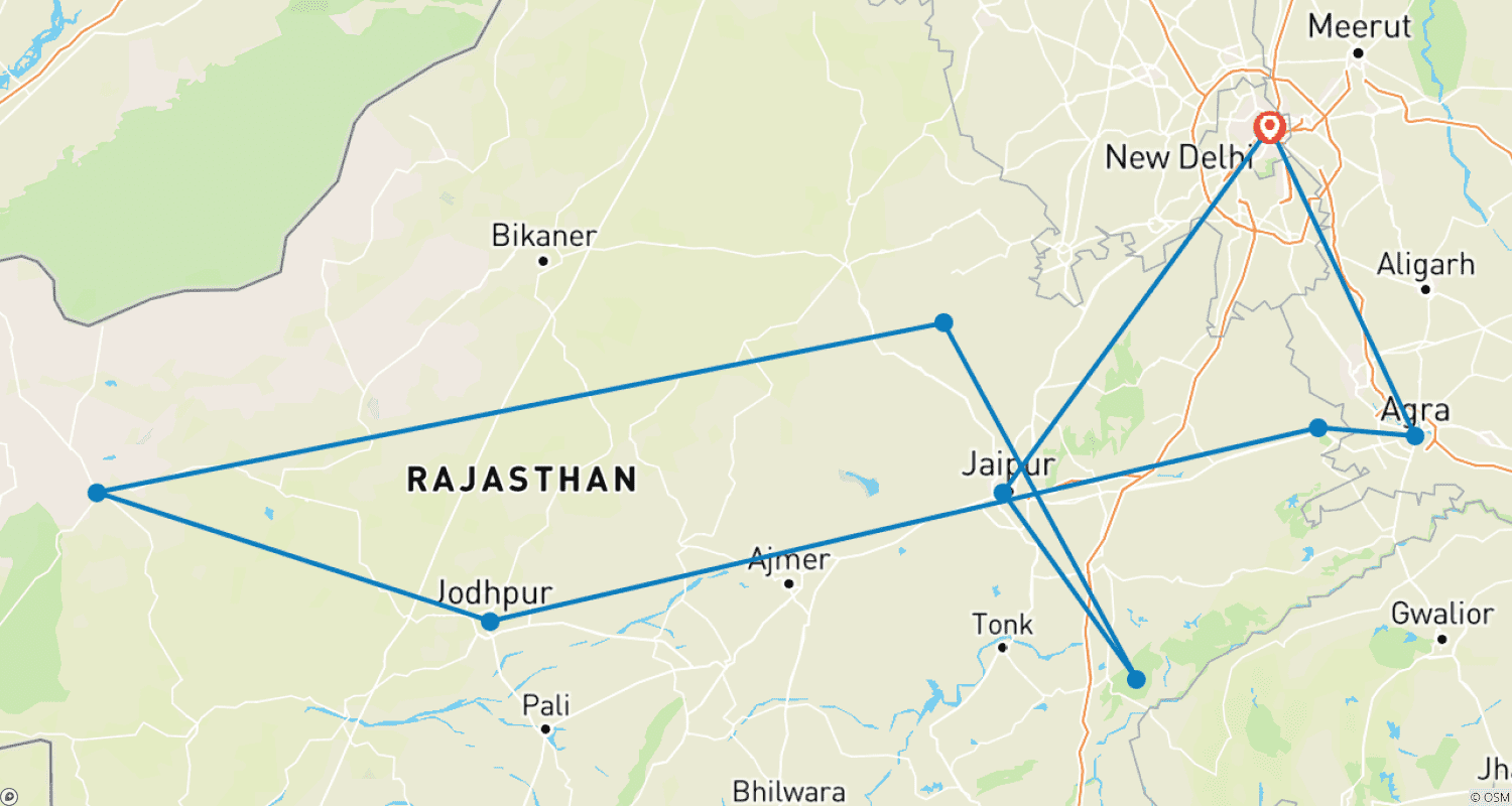 Mapa trasy: Najlepsze pakiety wycieczkowe po Indiach na lata 2026-2027: Radżastan, Agra, Delhi i przygody safari z tygrysami