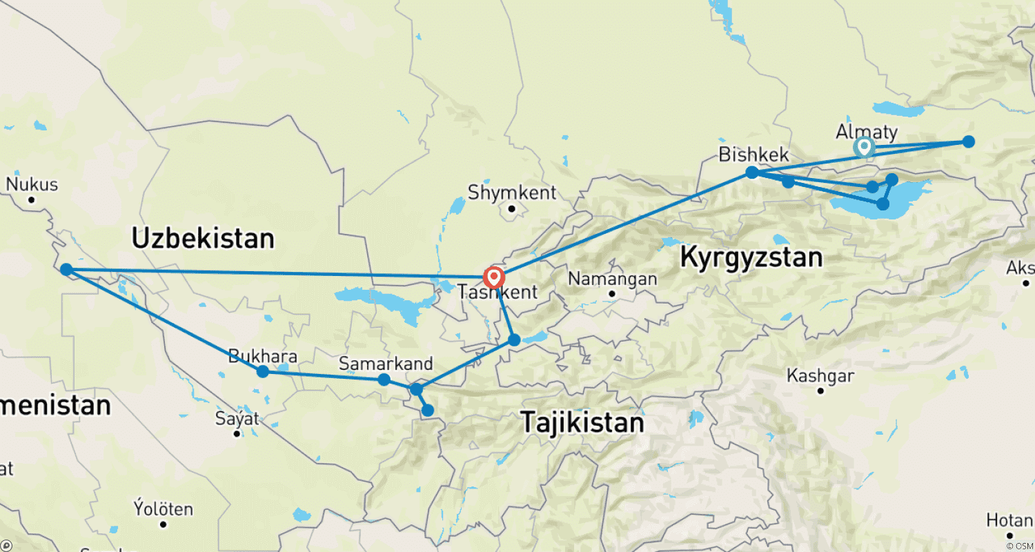 Mapa trasy: Central Asia 17 Day tour 4 countries
