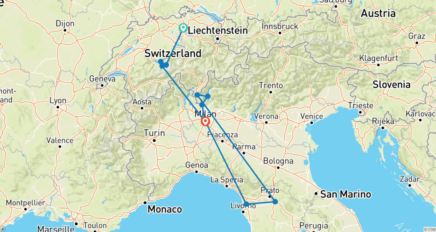 7 Days Zurich and Milanoのルートマップ
