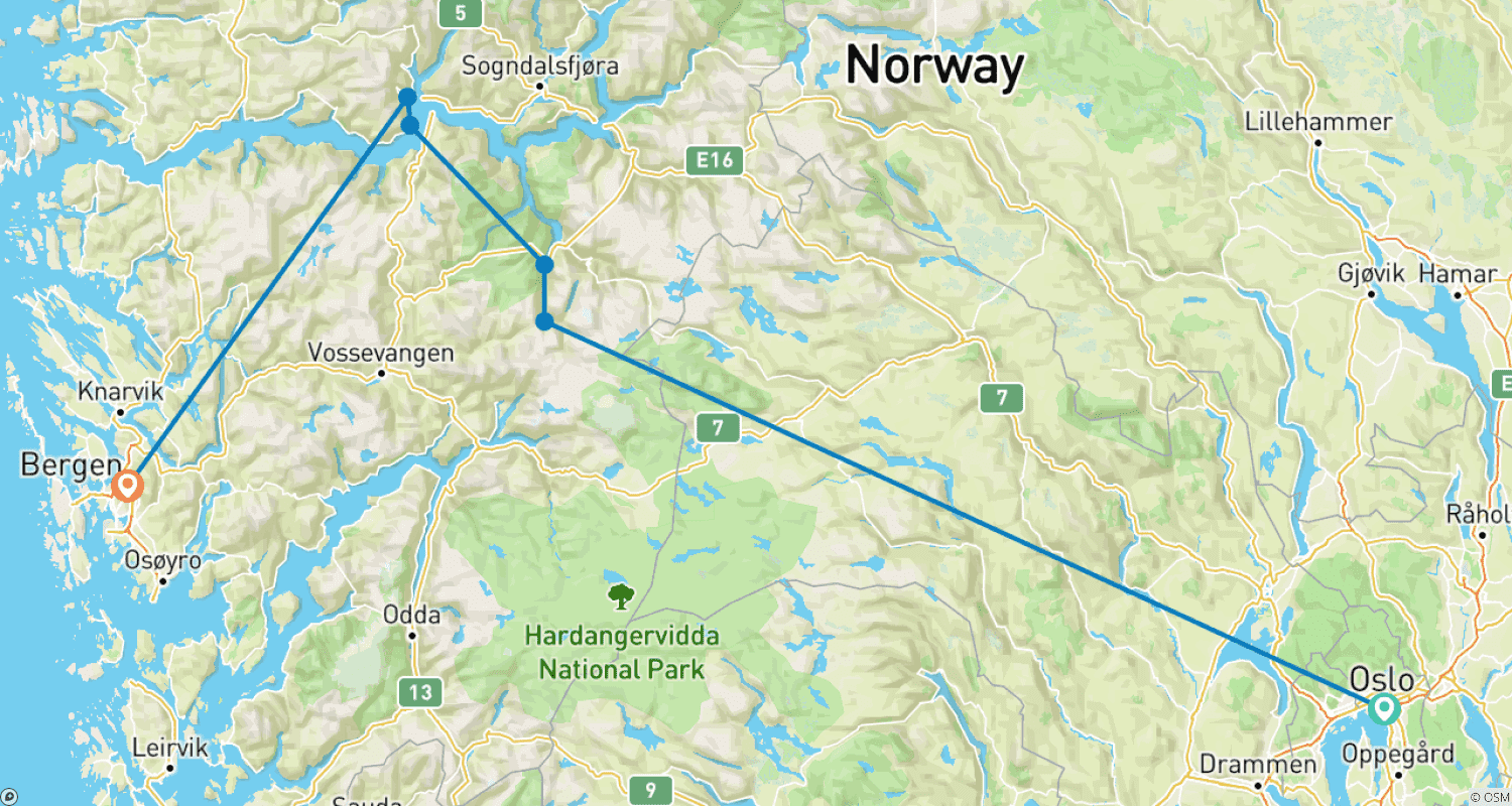 Spectacular Norway: Oslo, Fjords & Bergen – 6 Days / 5 Nightsのルートマップ