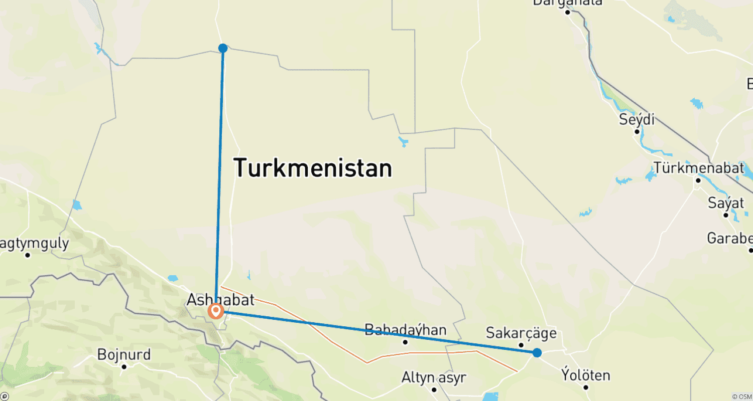 Mapa trasy: Wycieczka grupowa po Turkmenistanie (część podróży 5stan)
