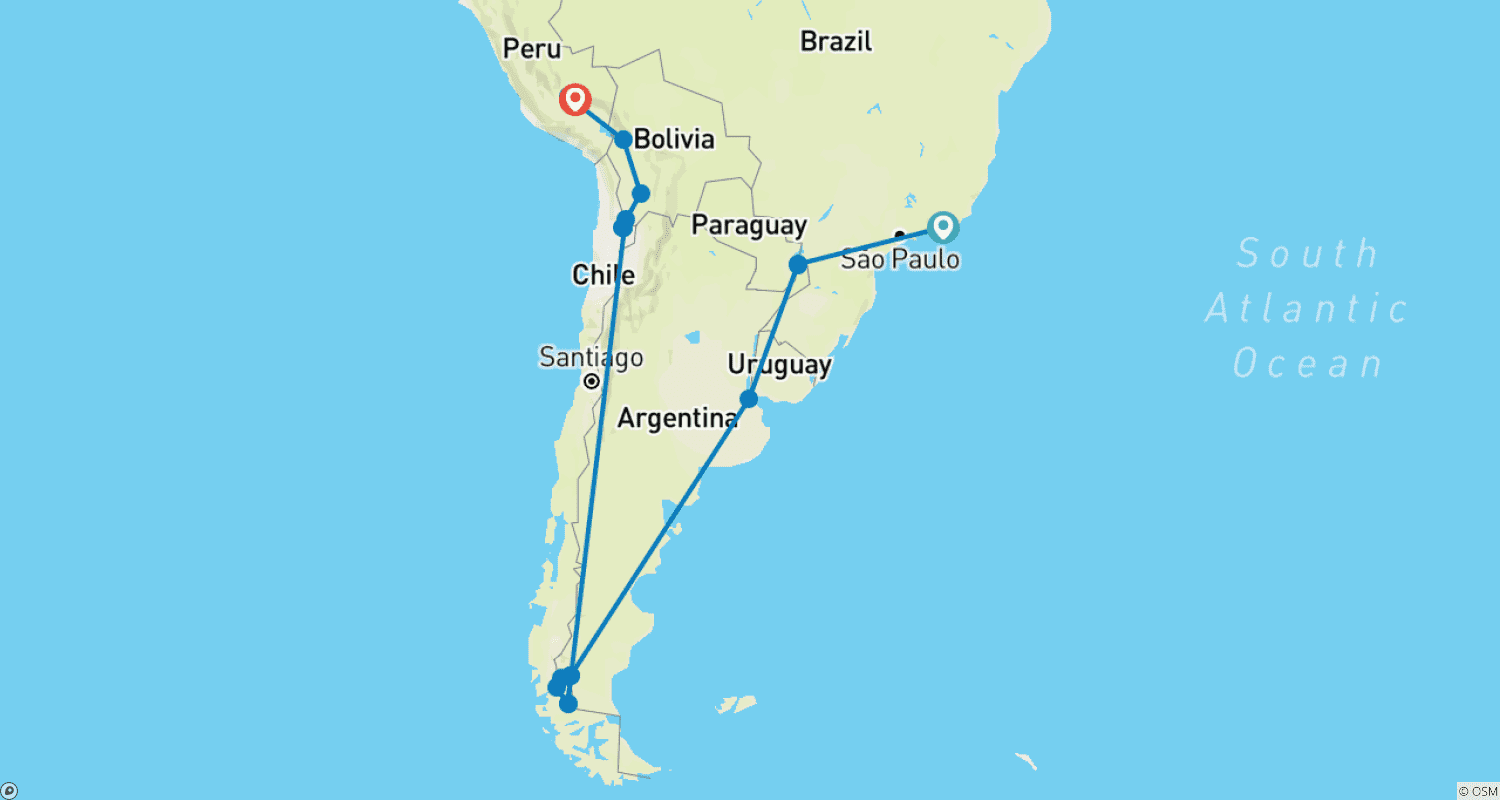 Mapa do percurso de Uma viagem única pela América do Sul