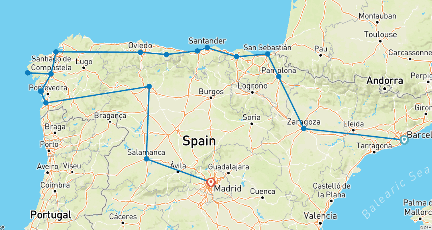 11-Day Barcelona & North of Spainのルートマップ