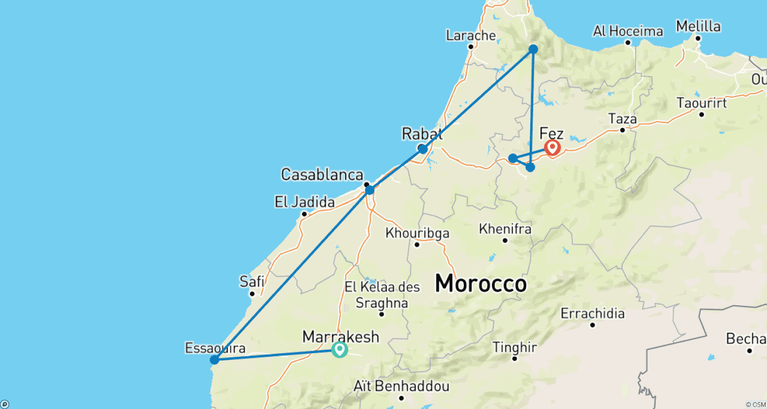 Mapa do percurso de De Marraquexe: Excursão Privada de 4 Dias para Fez Via Essaouira e Chefchaouen