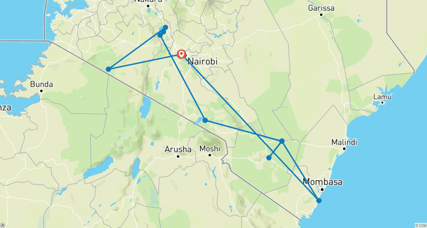 خريطة مسار 13 DAYS IN MASAI MARA- LAKE NAIVASHA HELL’S GATE - AMBOSELI - TSAVO EAST - DIANI PRIVATE SAFARI