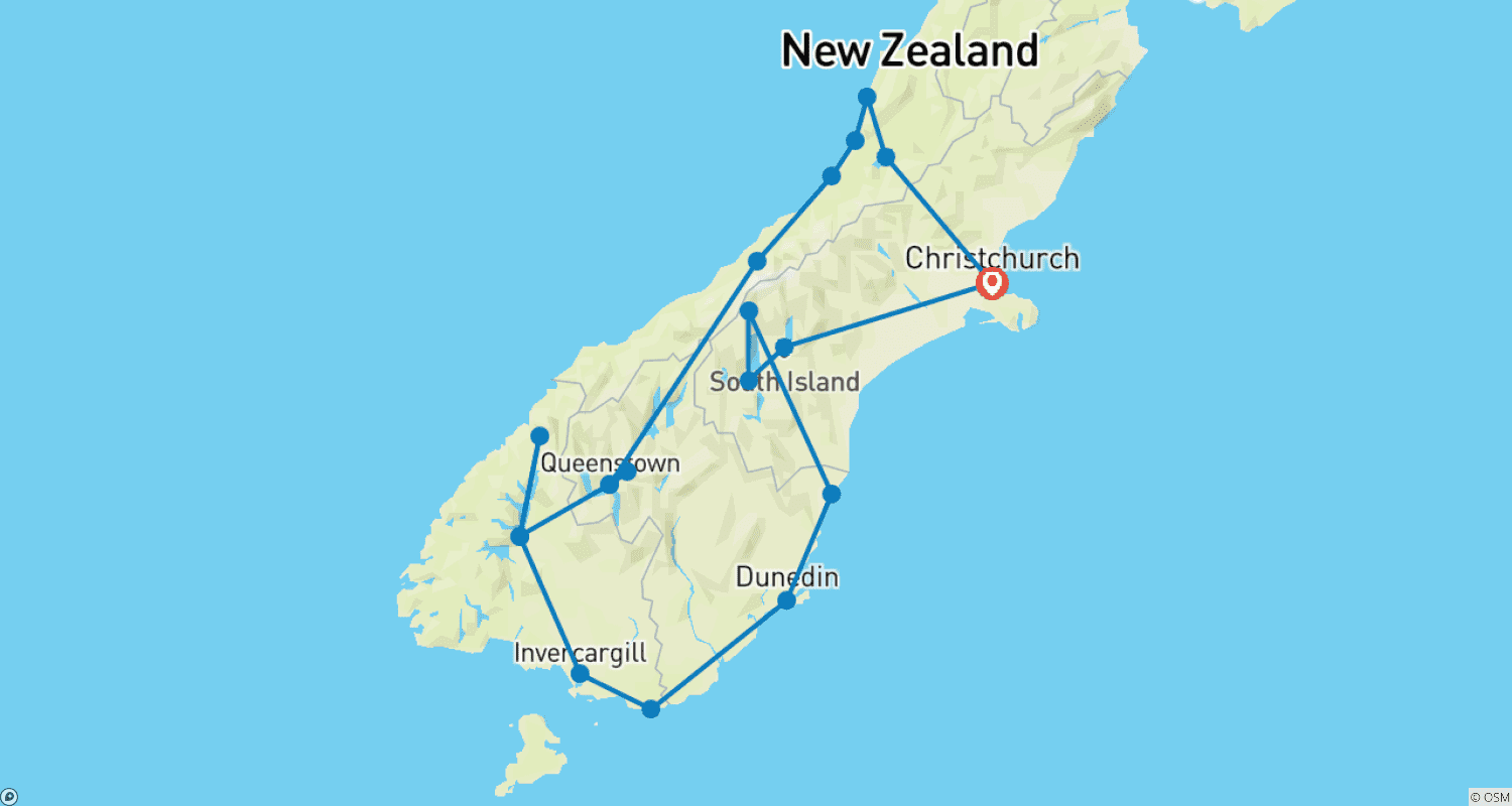 Mapa do percurso de South Island Grand Discovery - 14 days