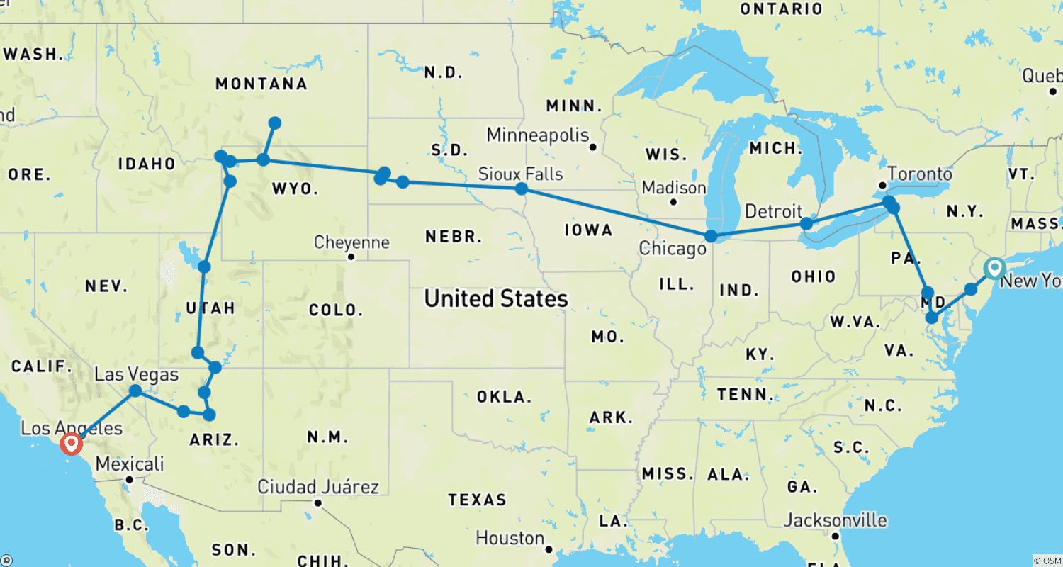 New York, Chicago to Hollywood - 17 daysのルートマップ