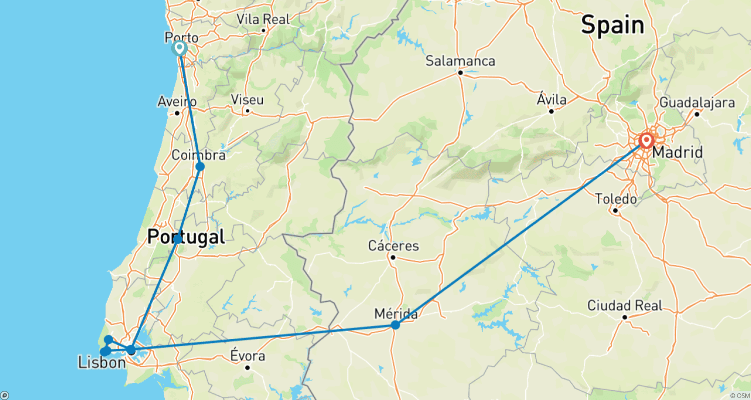 خريطة مسار From Porto: 7-Day Tour to Madrid