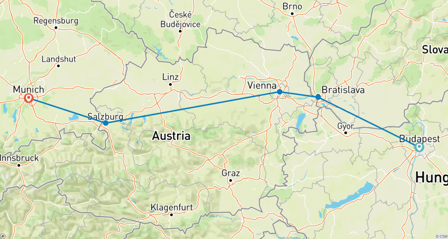 Mapa do percurso de Excursão de 9 Dias aos Mercados de Natal da Europa Central apresentada por Anais