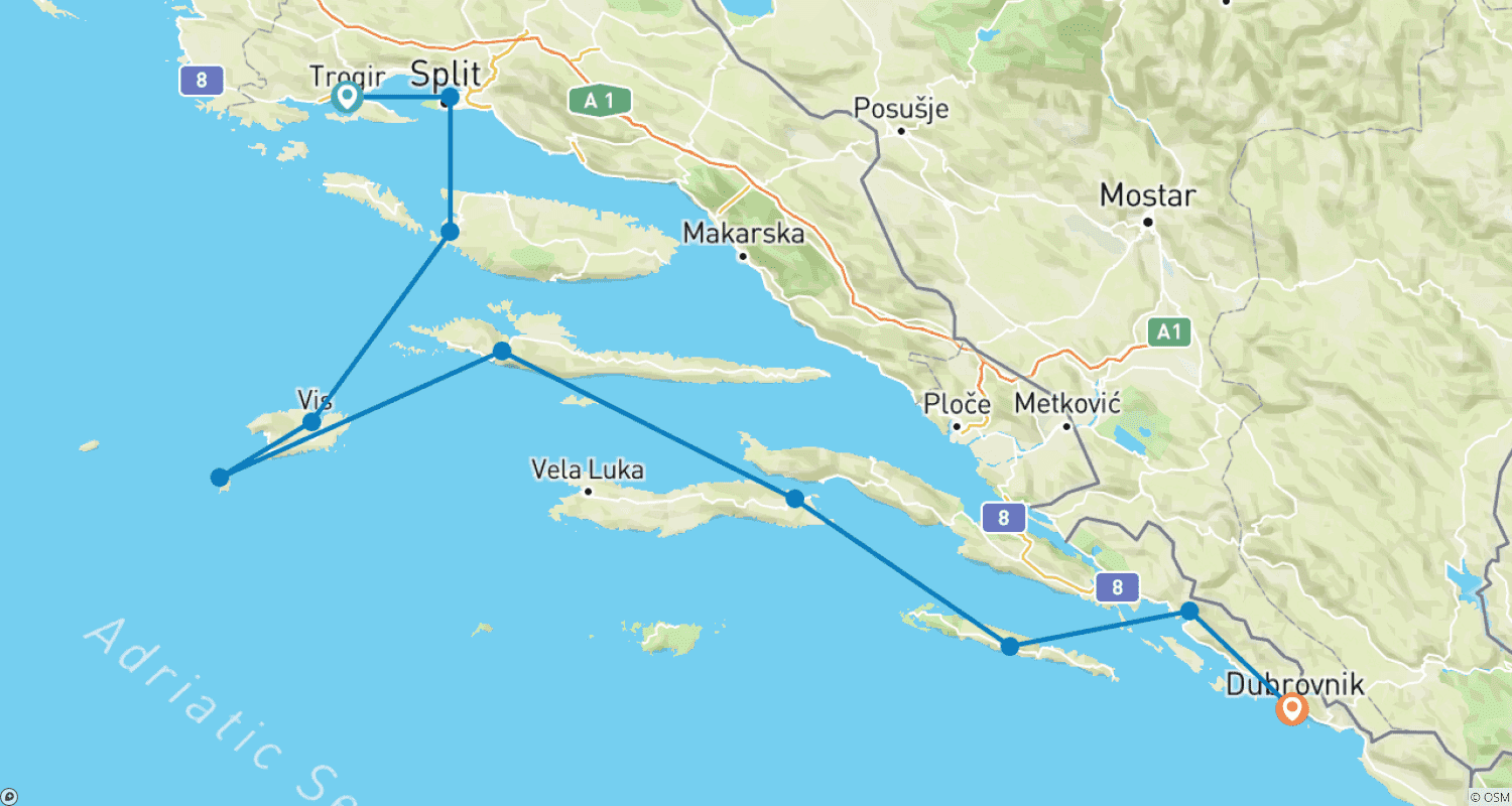 Mapa do percurso de Split/Trogir to Dubrovnik one-way cruise K260 MS My Way 2026