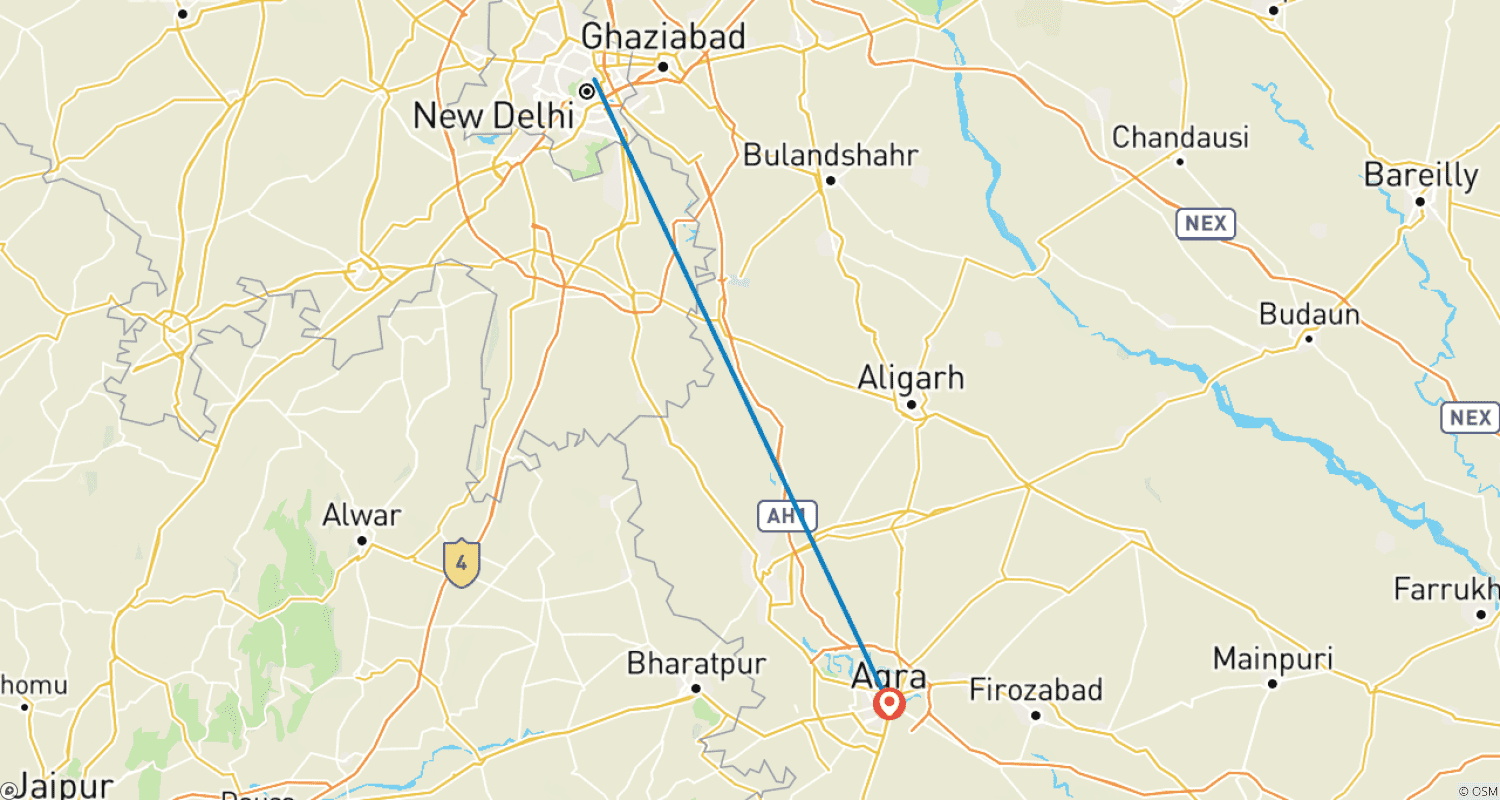 Mapa trasy: Z Delhi: Prywatna luksusowa jednodniowa wycieczka do Tadż Mahal i Agry z 5-gwiazdkowym posiłkiem