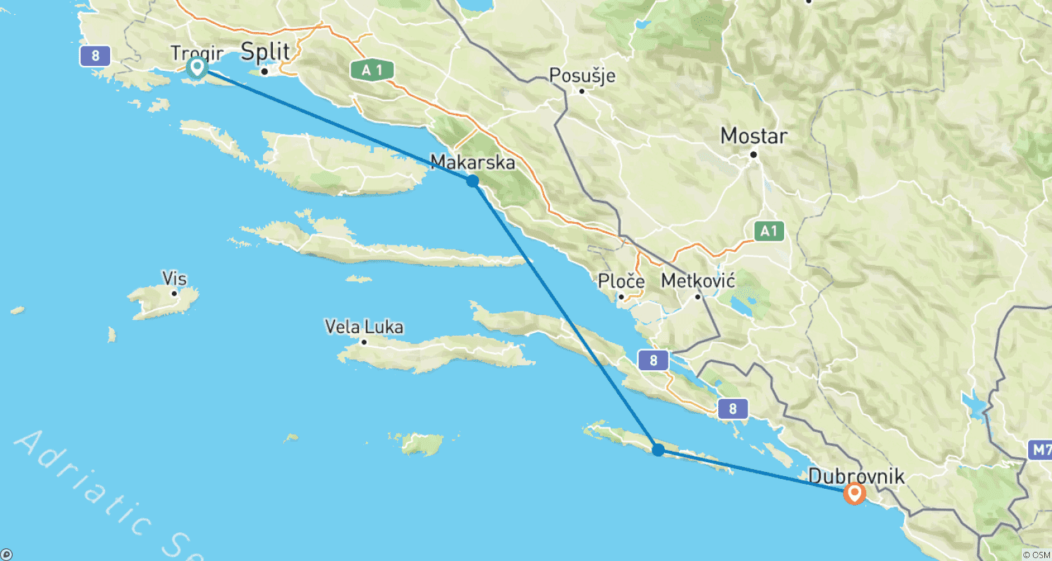 خريطة مسار Mini One-Way Classic Cruise | Trogir- Dubrovnik (2 nights)