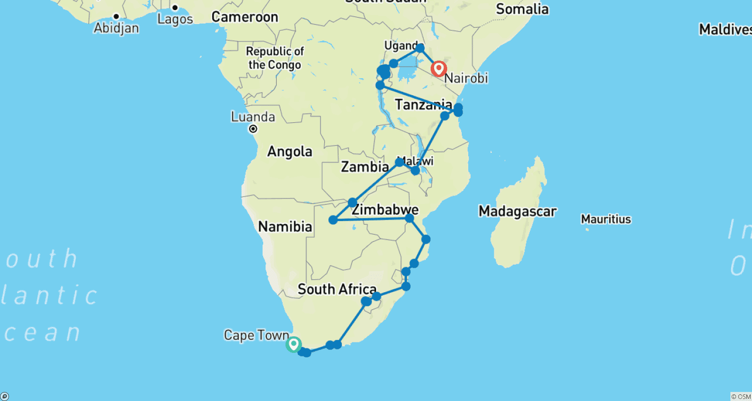 Mapa trasy: Kapsztad do Nairobi (100 Dni)