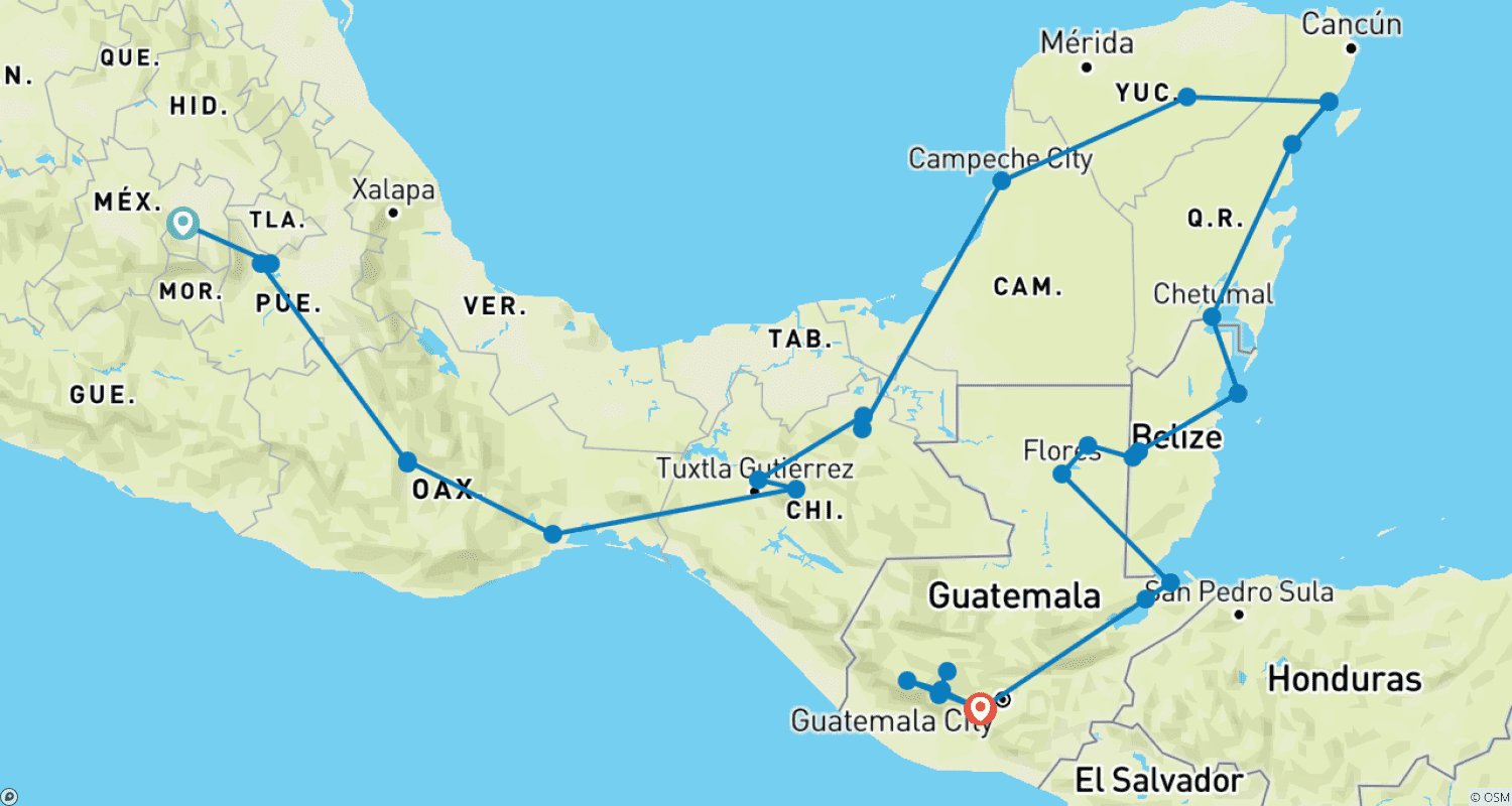 Mapa do percurso de América Central Abrangente