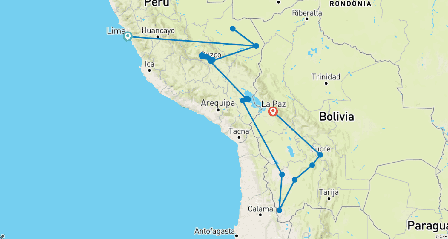Mapa do percurso de Explore o Peru e a Bolívia