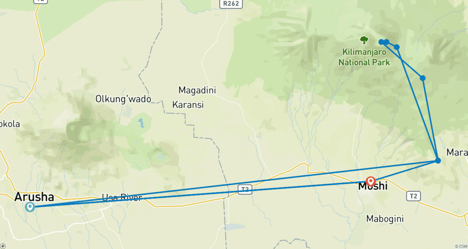 Mapa trasy: Wejście na Kilimandżaro Trasą Rongai (6 dni)