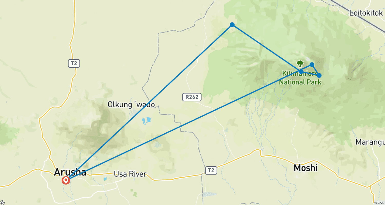 Mapa do percurso de Subida ao Kilimanjaro Rota Lemosho