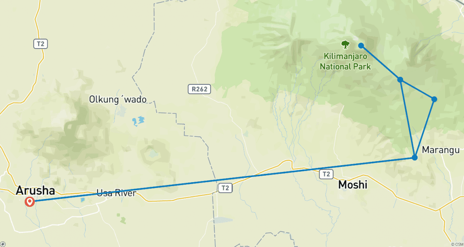Mapa do percurso de Subida ao Kilimanjaro: Rota Marangu