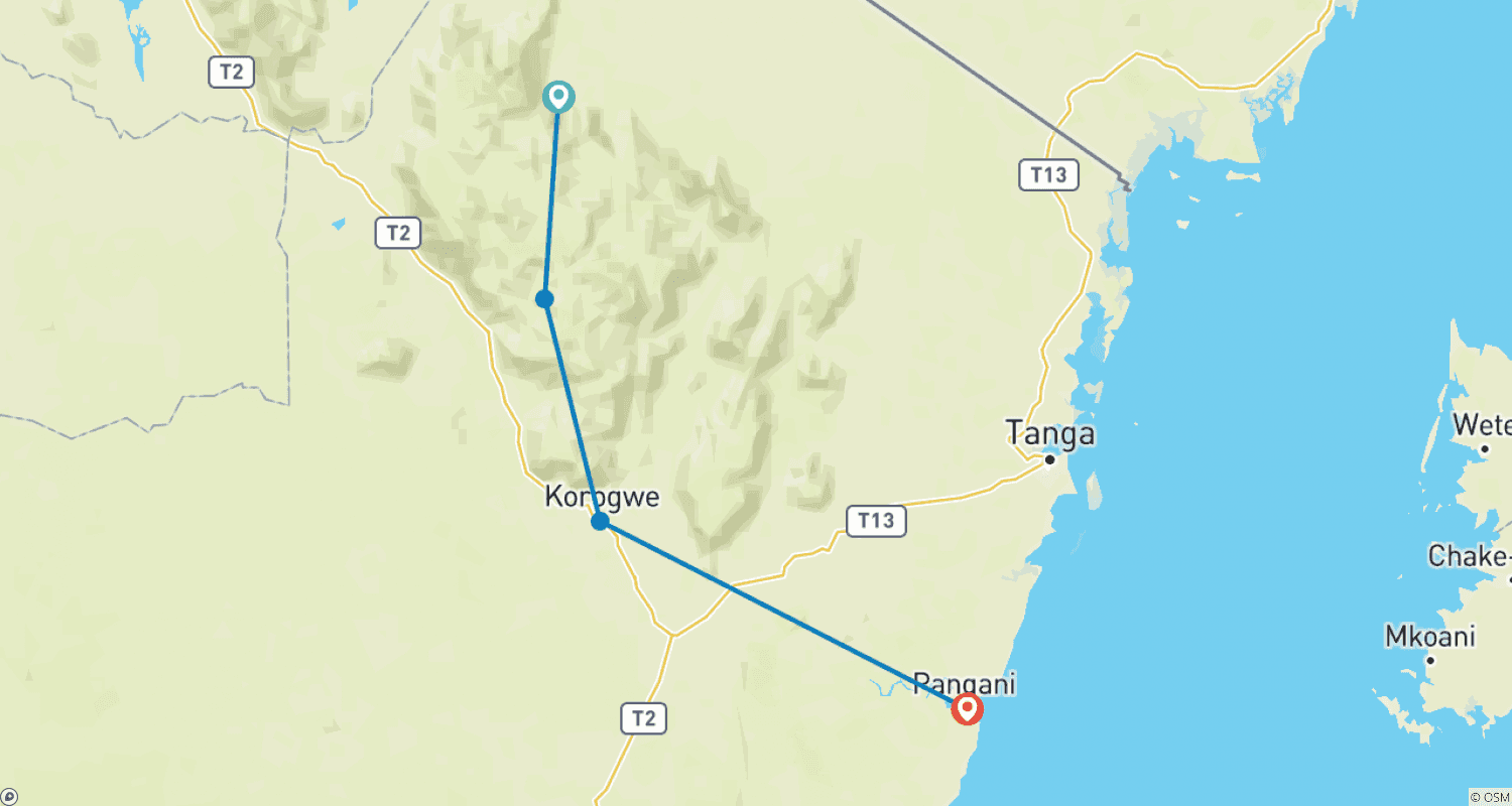 Mapa trasy: Wyprawa w Góry Usambara i na Plażę Pangani