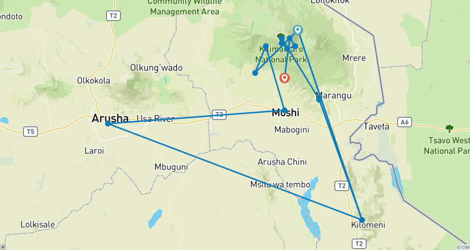 Mapa do percurso de Subida ao Kilimanjaro - Rota Machame “Rota do Whisky”