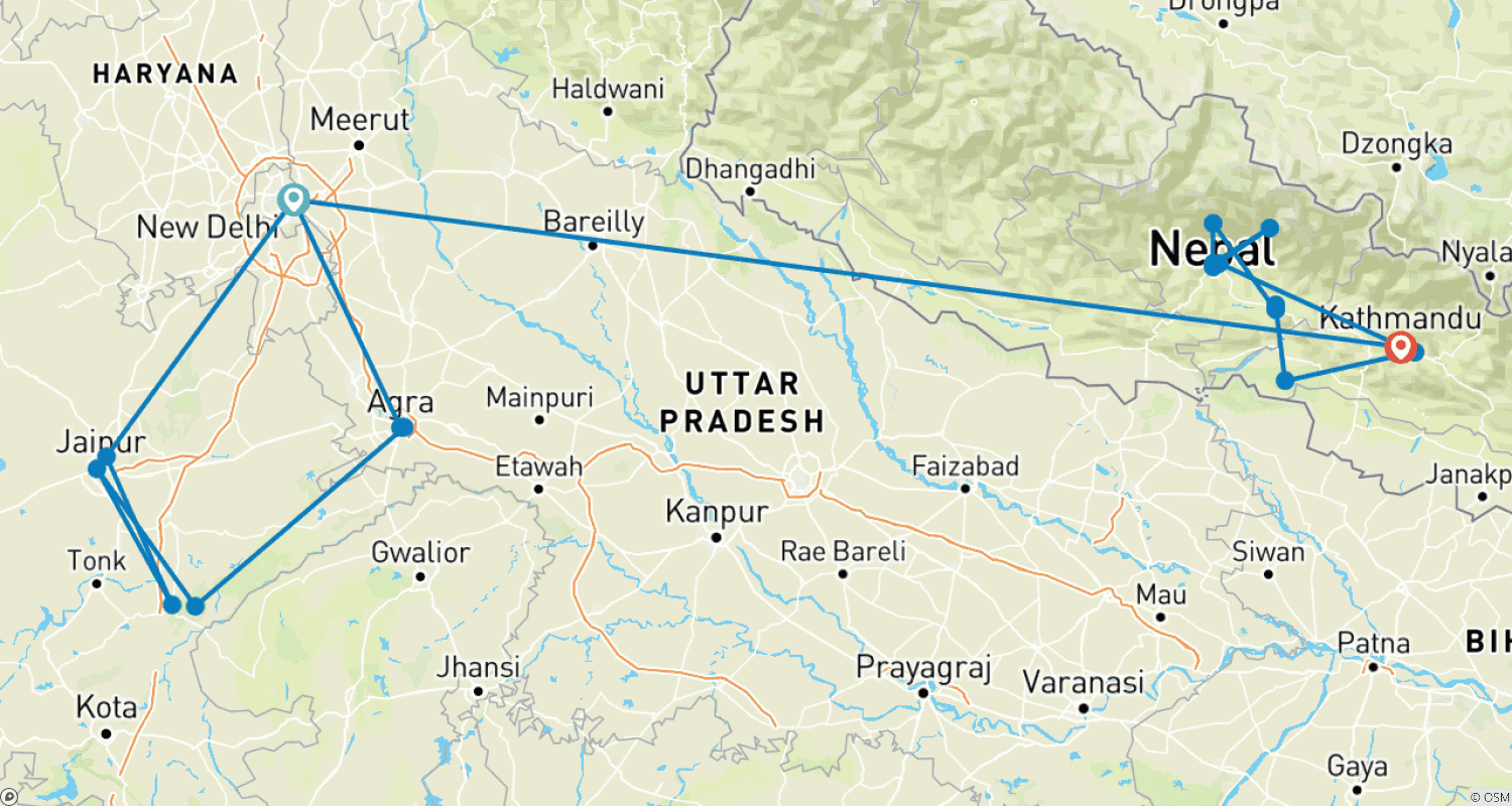 Mapa trasy: Przygoda w Indiach i Nepalu