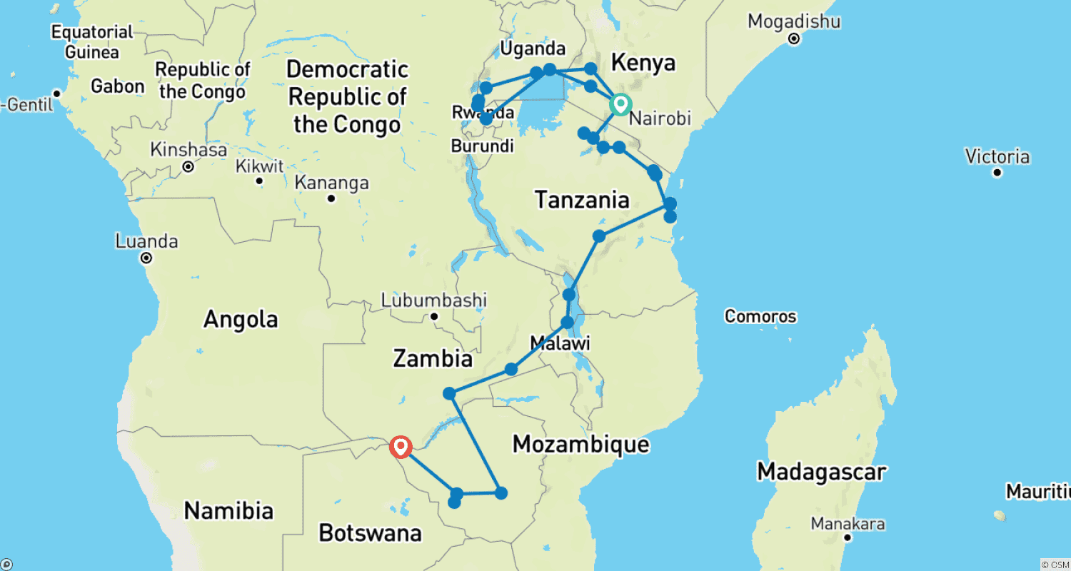 Mapa do percurso de Gorilas a Victoria Falls