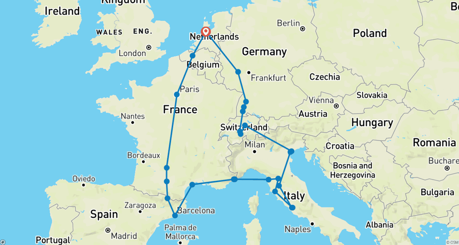 Mapa do percurso de Explorador da Europa