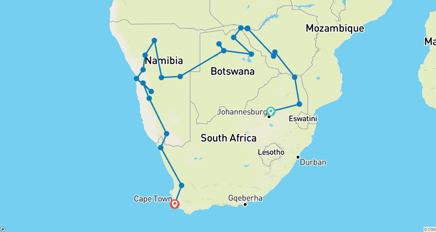 Mapa do percurso de 25 dias: Kruger e Cataratas Vitória à Cidade do Cabo (Acampamento)