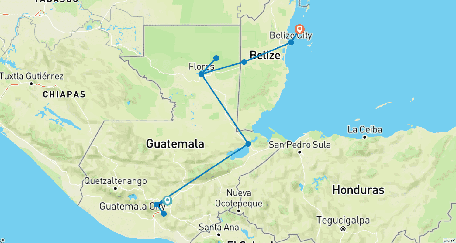 Mapa do percurso de Experiência da Guatemala a Belize