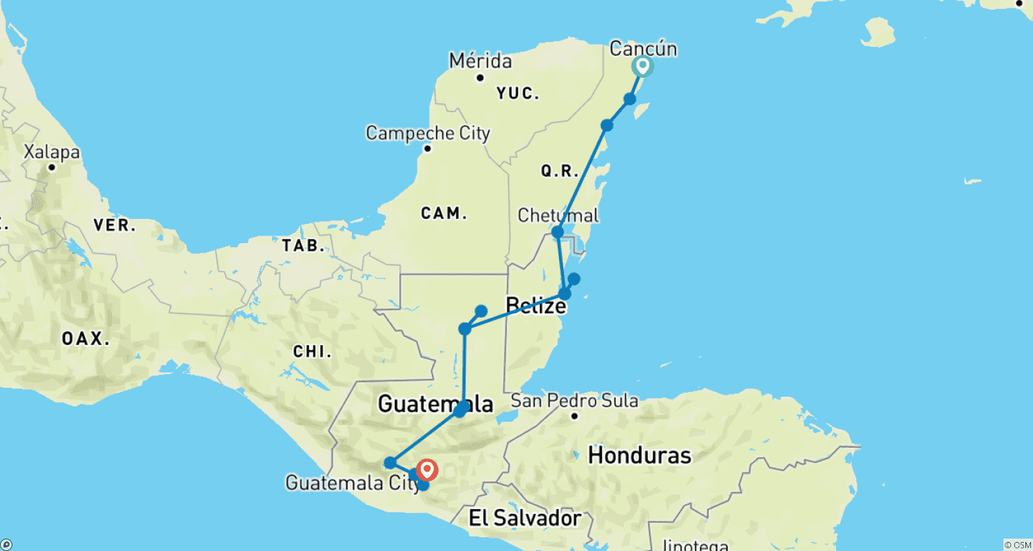 Mapa do percurso de Aventura de Cancun a Antigua