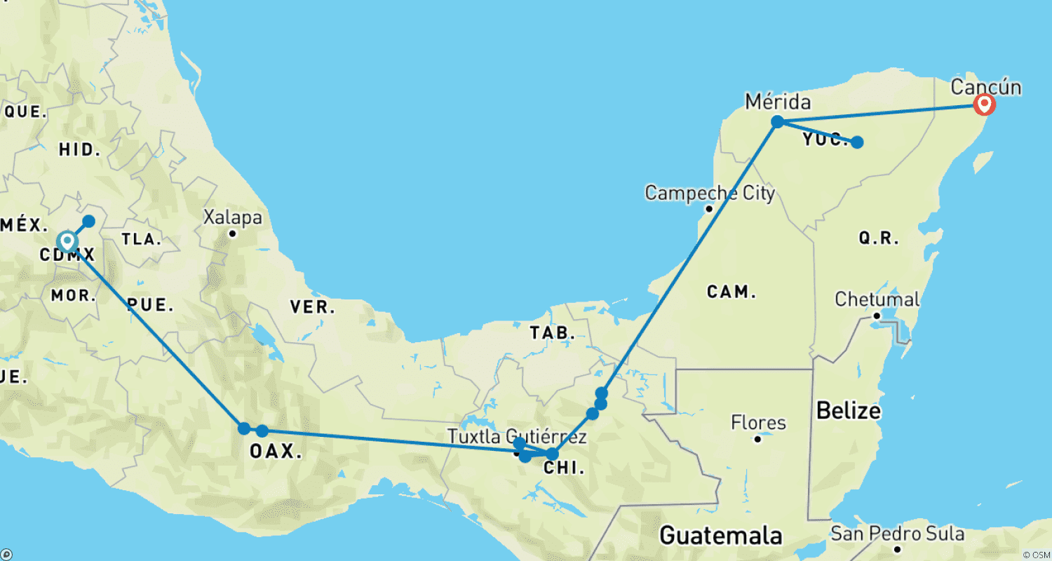 Mapa do percurso de Comece na Cidade do México e termine em Cancún (D)