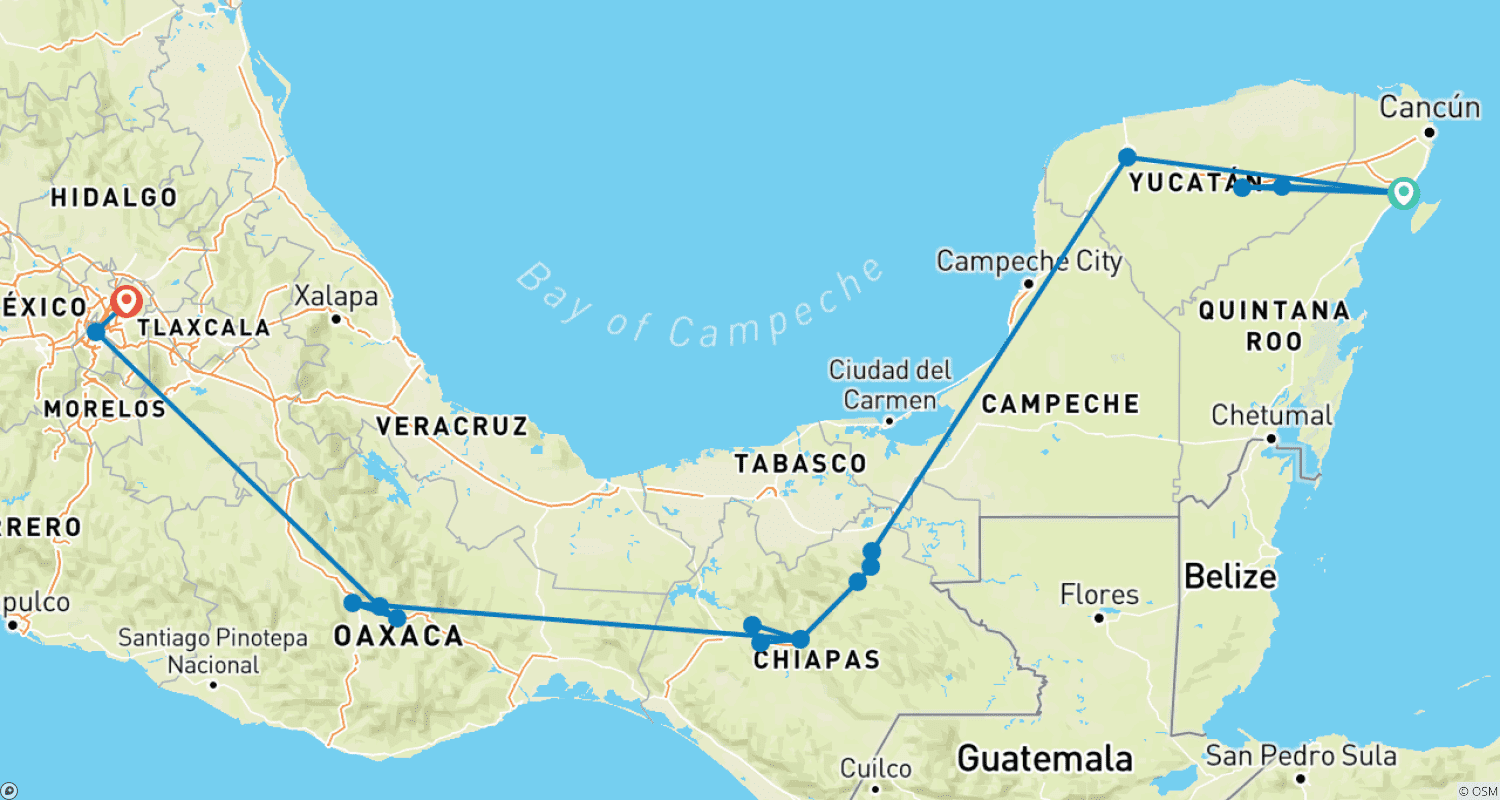 Mapa do percurso de Comece em Playa del Carmen, termine na Cidade do México