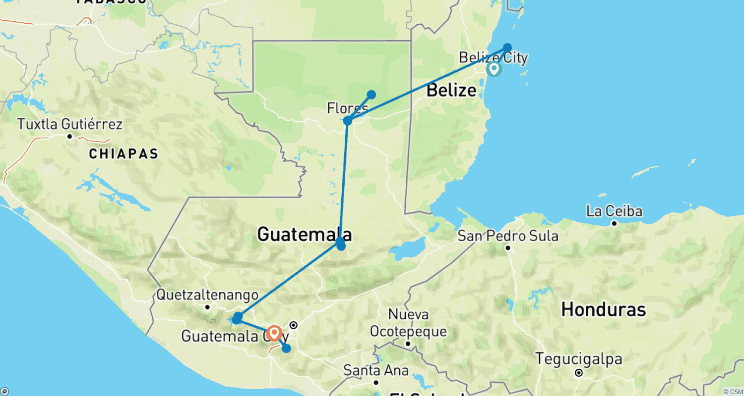 Mapa trasy: Rozpocznij w Belize City, zakończ w Antigua Guatemala