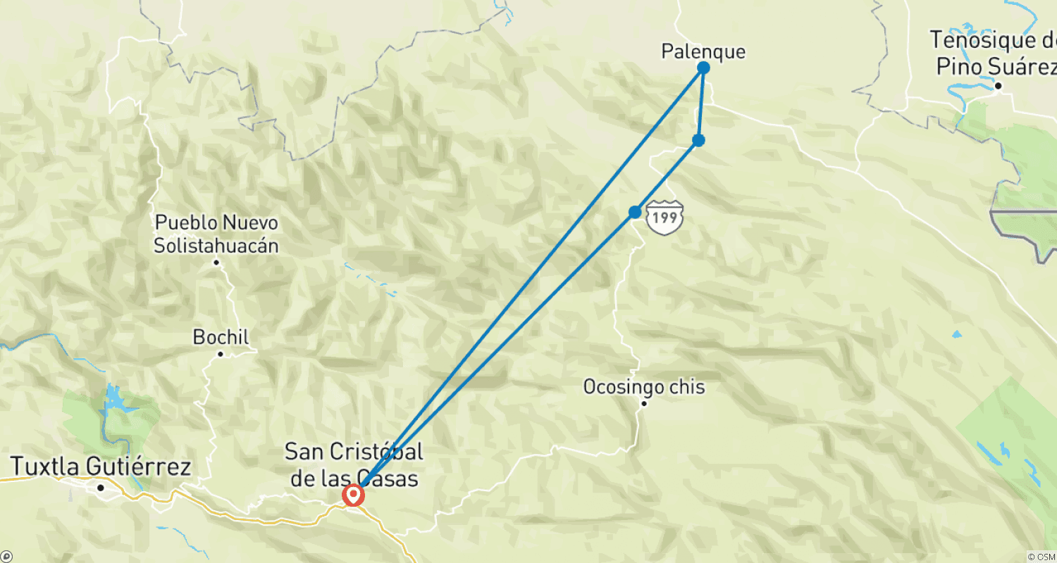 Mapa do percurso de San Cristóbal, Agua Azul, Misol-Ha e Ruínas de Palenque