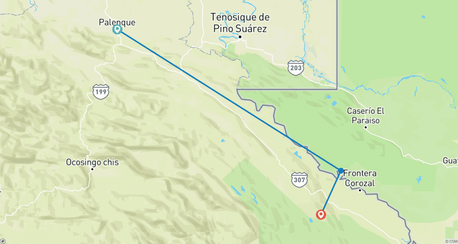 Mapa do percurso de Ruínas de Yaxchilan e Bonampak