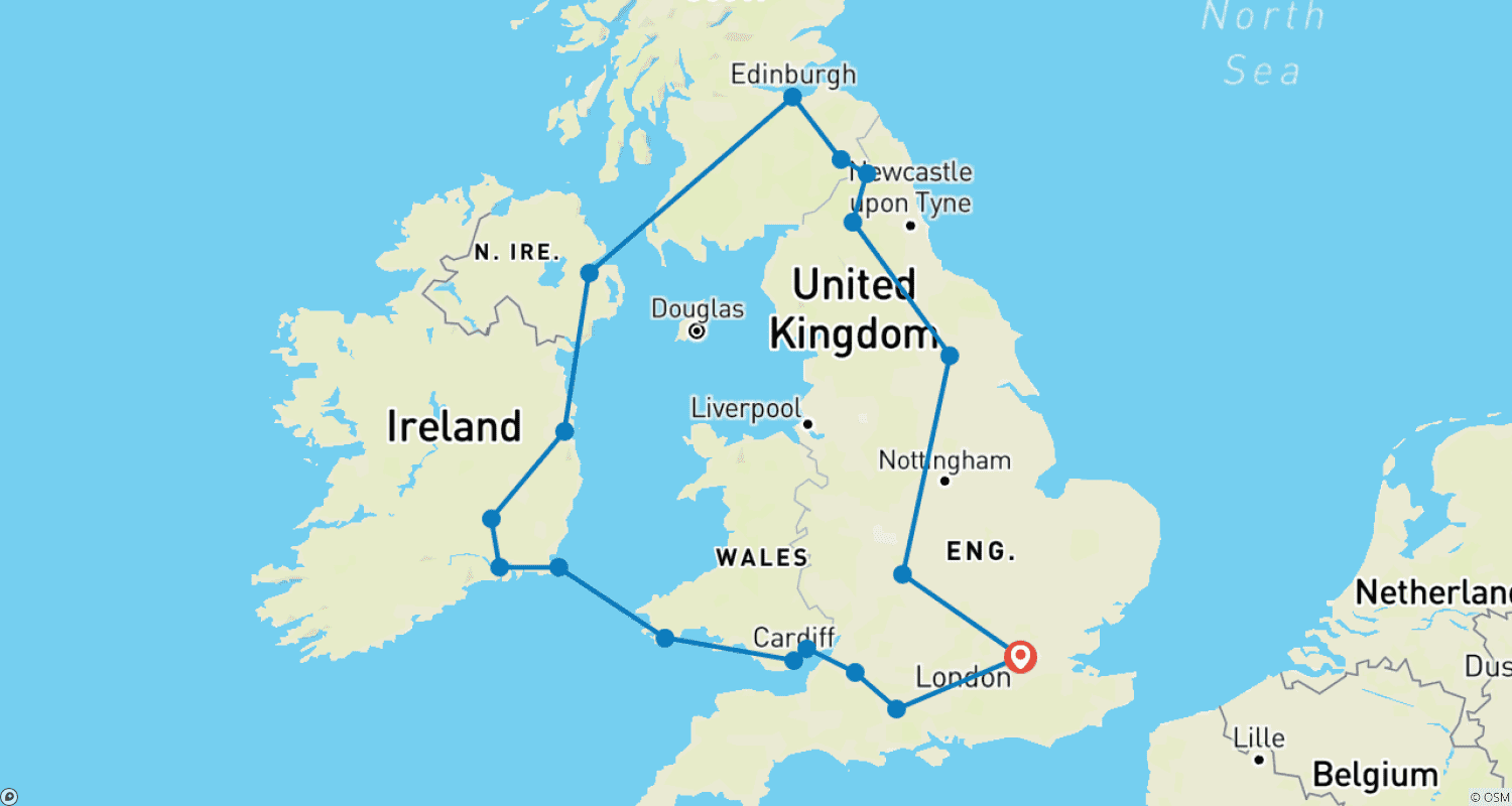 Mapa do percurso de Grã-Bretanha e Irlanda Essenciais