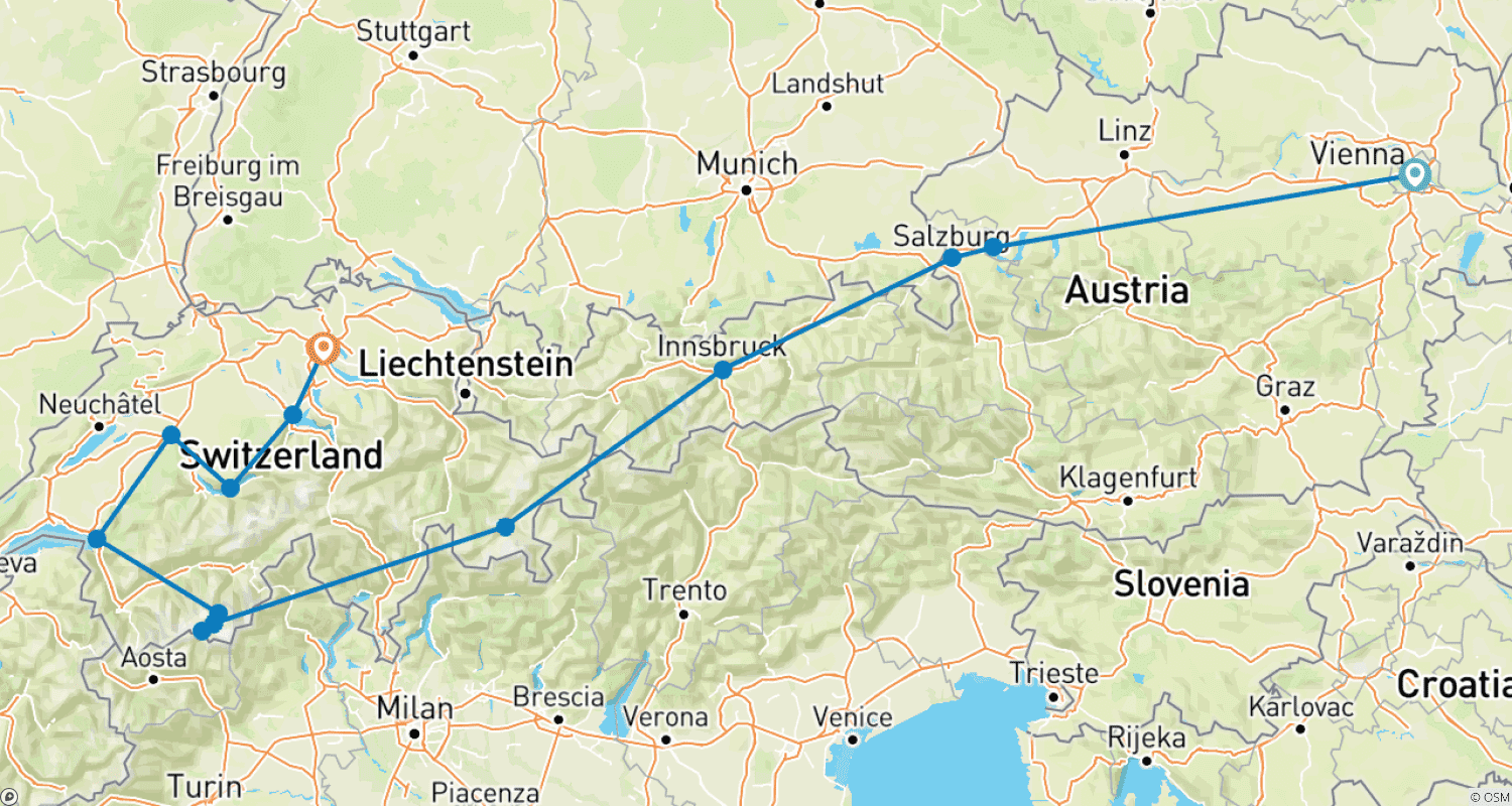 Mapa do percurso de O Melhor da Áustria e Suíça