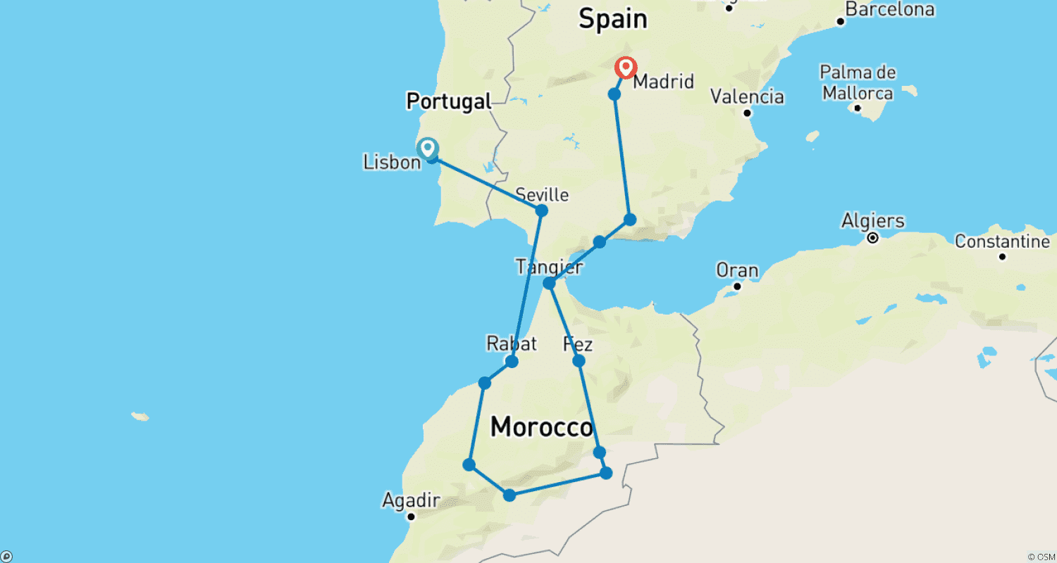 Mapa do percurso de Espanha, Portugal e Marrocos