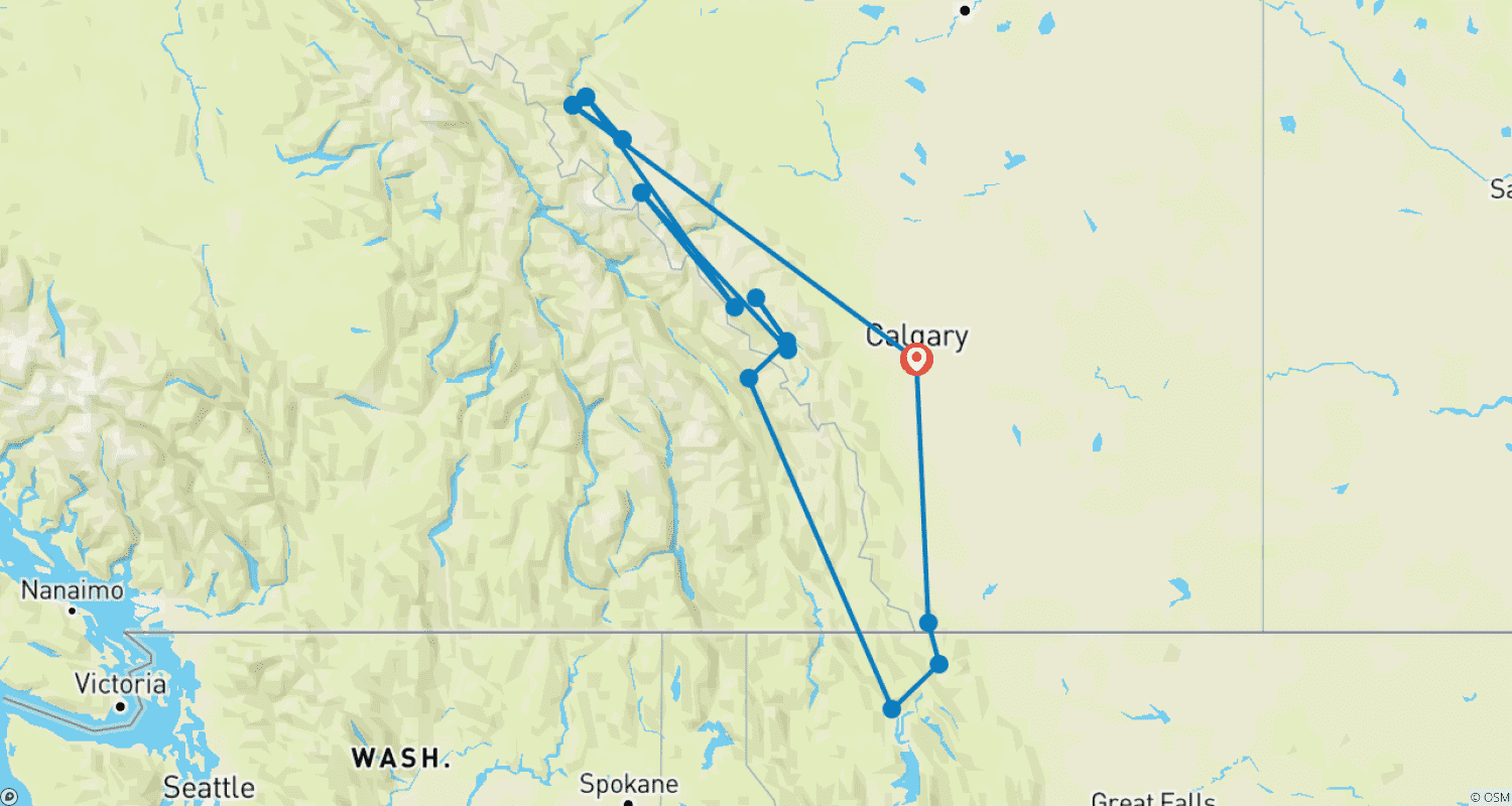 Mapa do percurso de Parque Nacional Glacier e as Montanhas Rochosas Canadenses com o Calgary Stampede