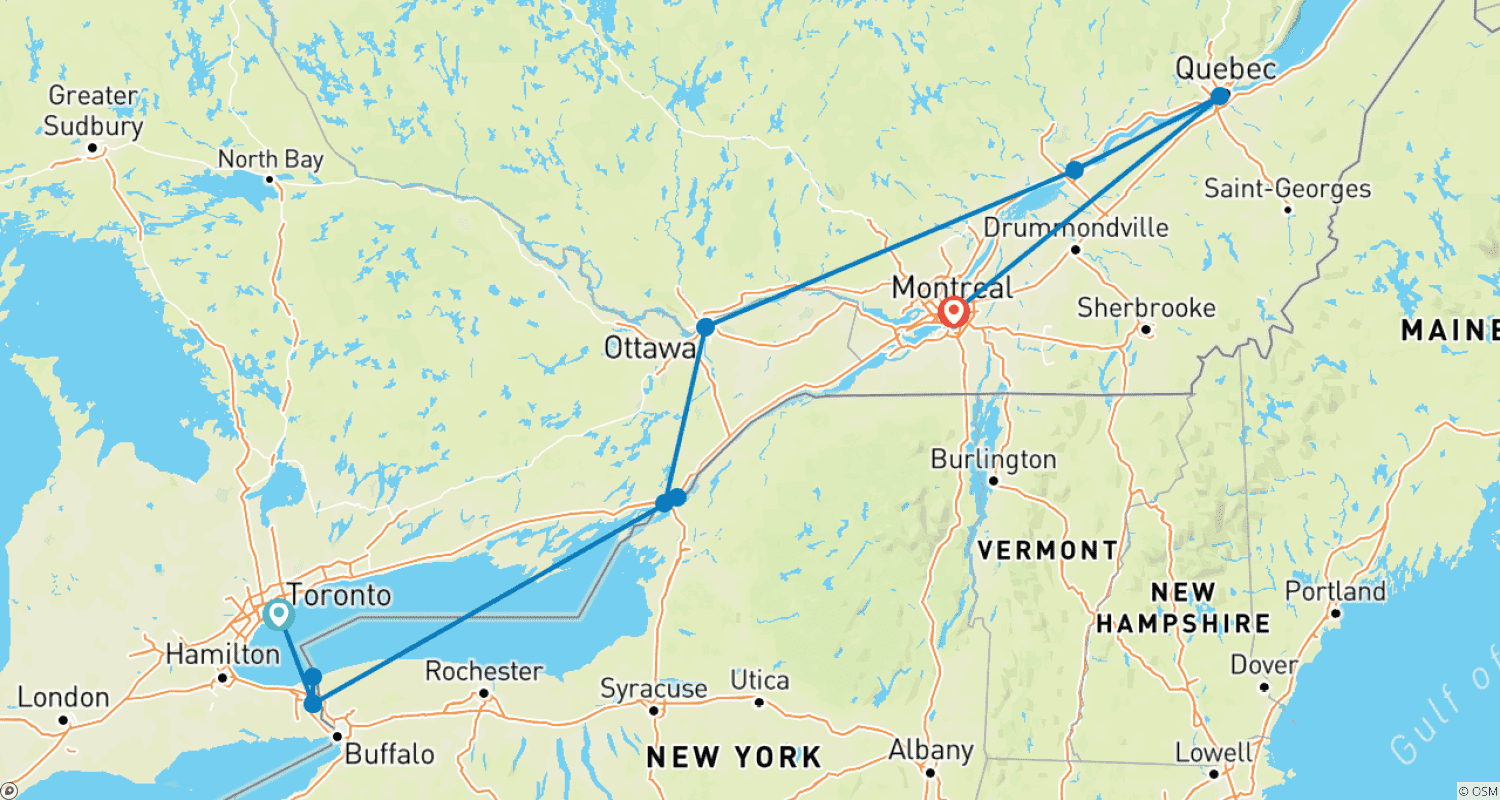 Mapa do percurso de Cidades Históricas do Canadá Oriental