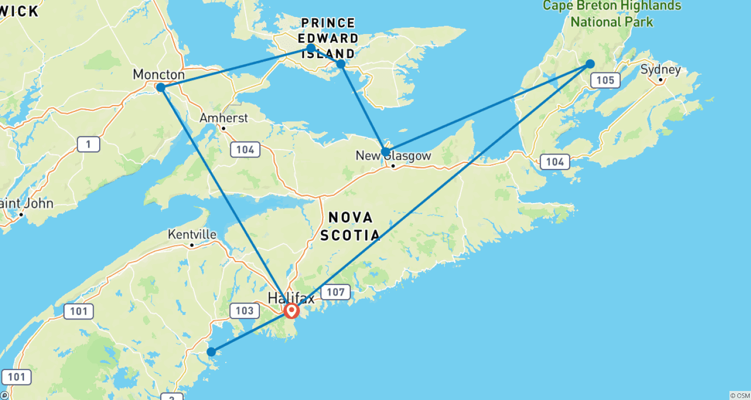 Mapa do percurso de Maravilhas das Marítimas e a Cênica Cape Breton