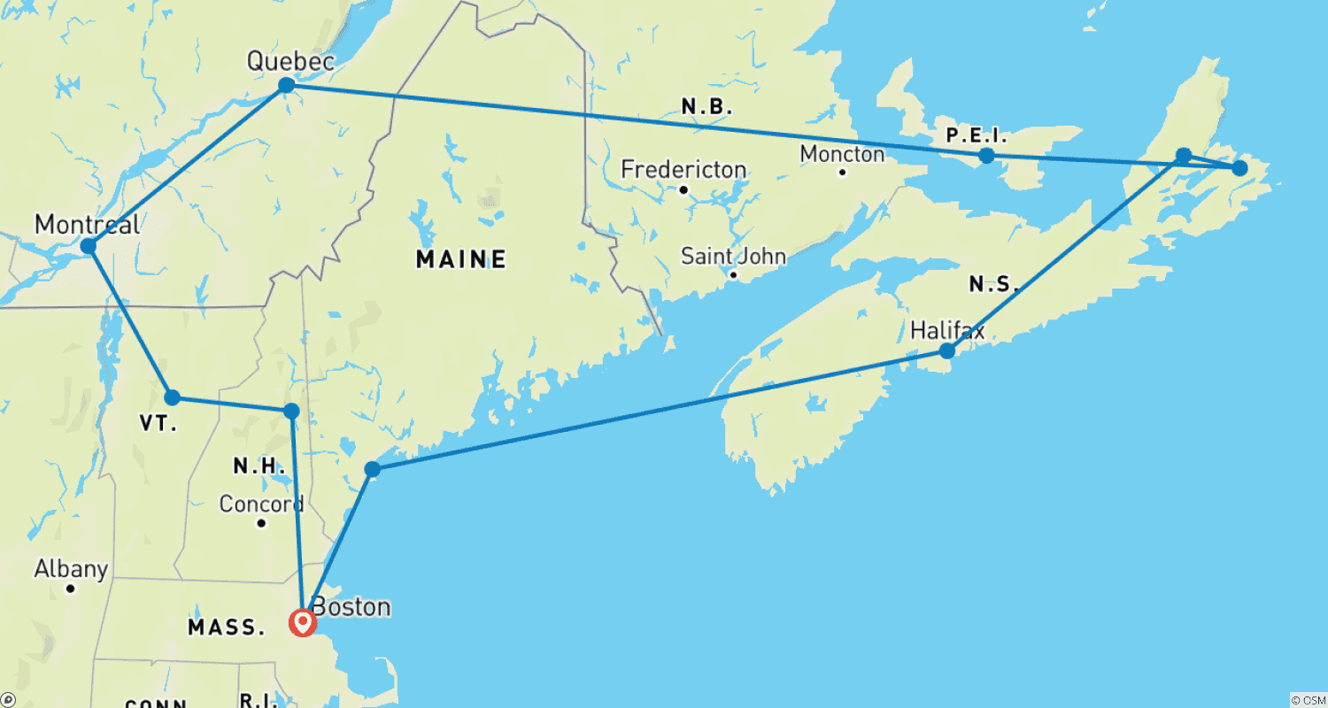 Mapa do percurso de Viagem pela Nova Inglaterra e Canadá Oriental
