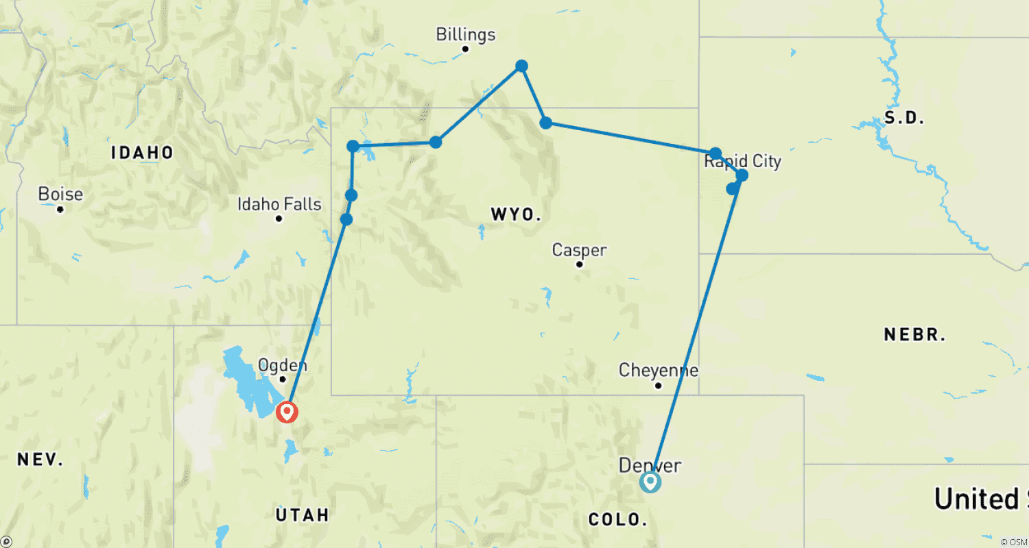 Mapa do percurso de Parques Nacionais da América com Denver