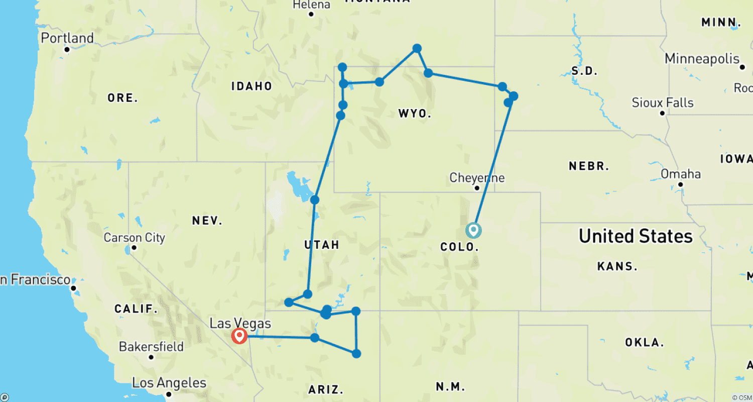 Mapa do percurso de Parques e Cânions Espetaculares com Denver