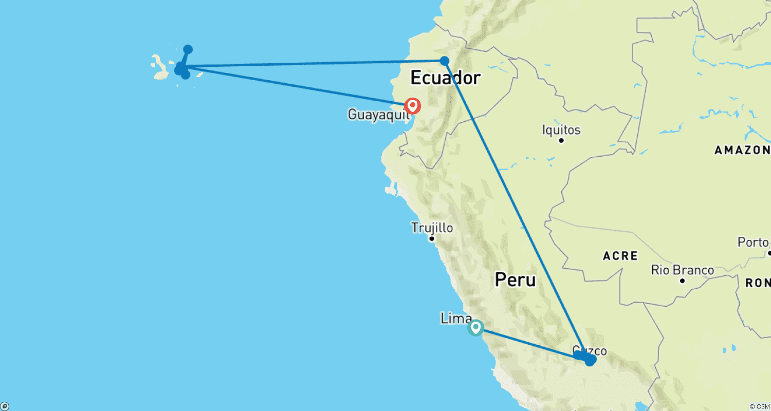 Mapa do percurso de Esplendores do Peru com Cruzeiro em Galápagos