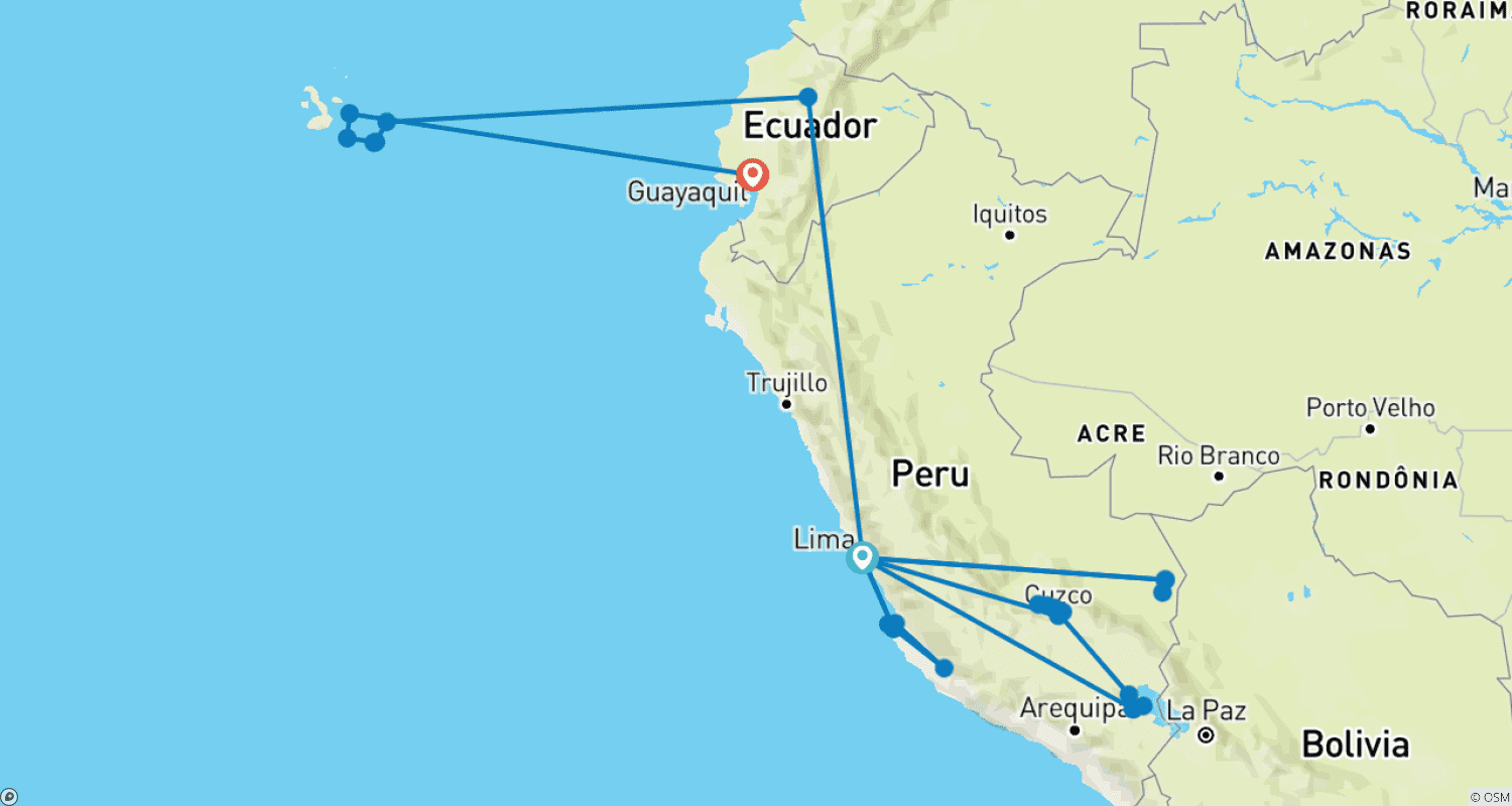 Mapa do percurso de Legado dos Incas com a Amazônia do Peru e Cruzeiro em Galápagos